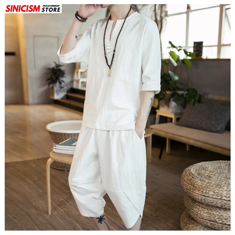 Мужской летний спортивный костюм Sinicism Store однотонные белые льняные шорты в