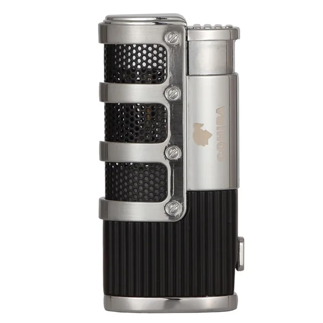 COHIBA зажигалка для сигар бутан 3 фонарь струйная зажигалка с резак для сигар удар аксессуары ветрозащитный прикуриватель подарочная коробка - Цвет: Черный