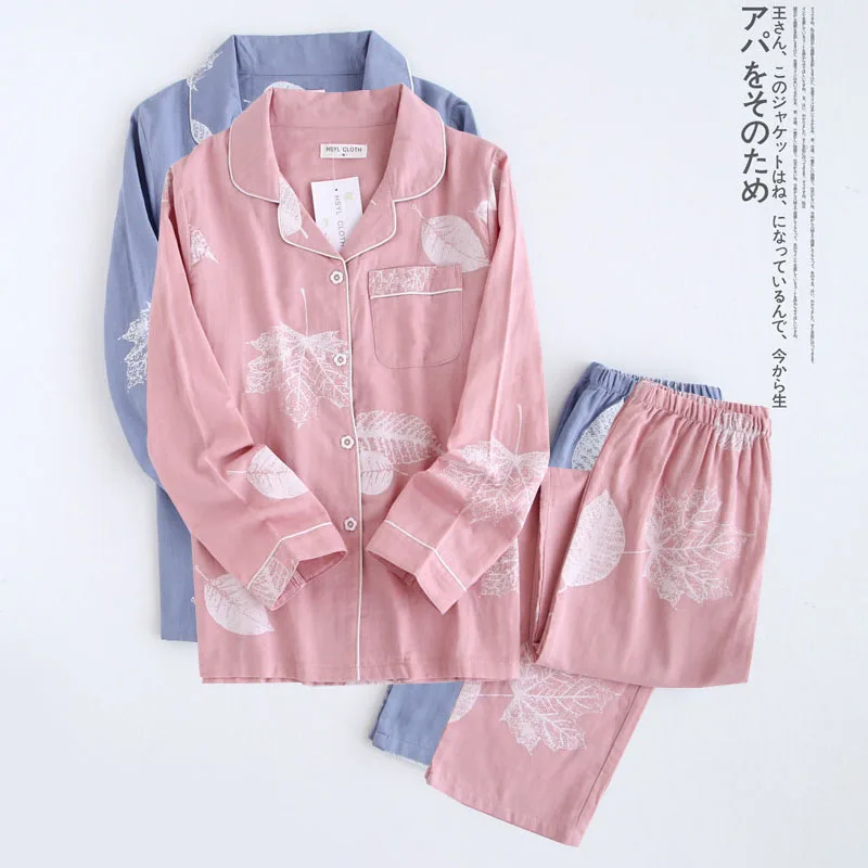 Conjunto de pijama de algodón con estampado de hojas de arce para mujer, ropa de dormir de gasa de 100%, de manga larga, fresca, gran oferta, 2021