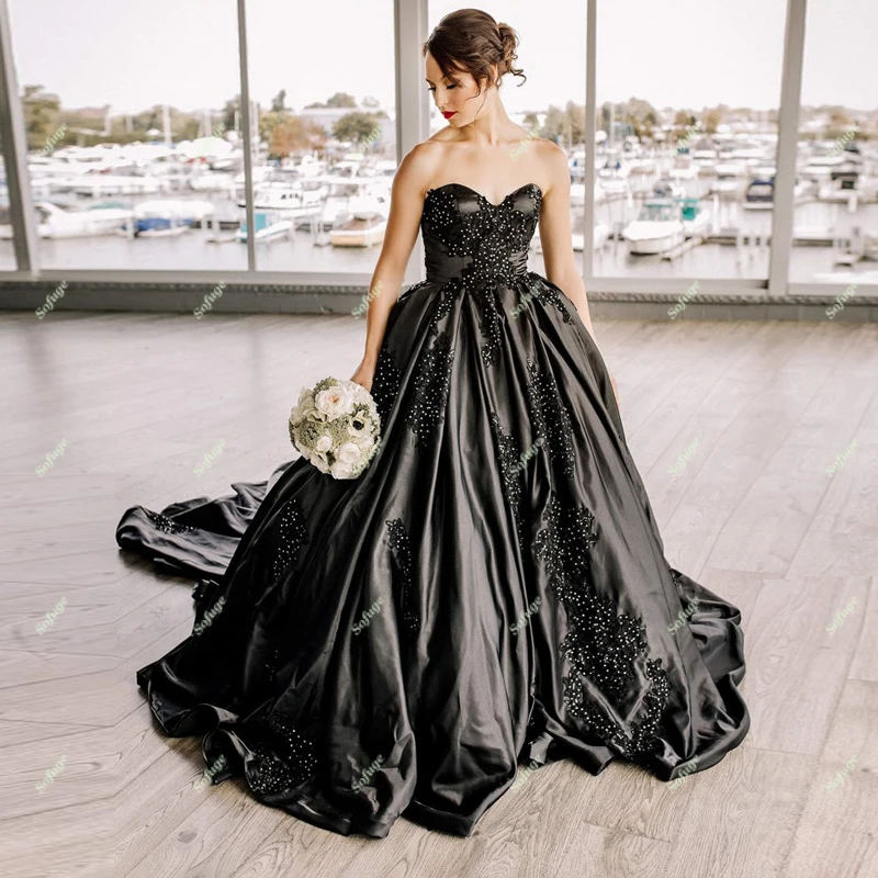 

Fashion Black Wedding Dresses Sweetheart Vestidos Noivas Sposa Appliques Beads Robe De Mariee Bridal Engagement Wedding Party