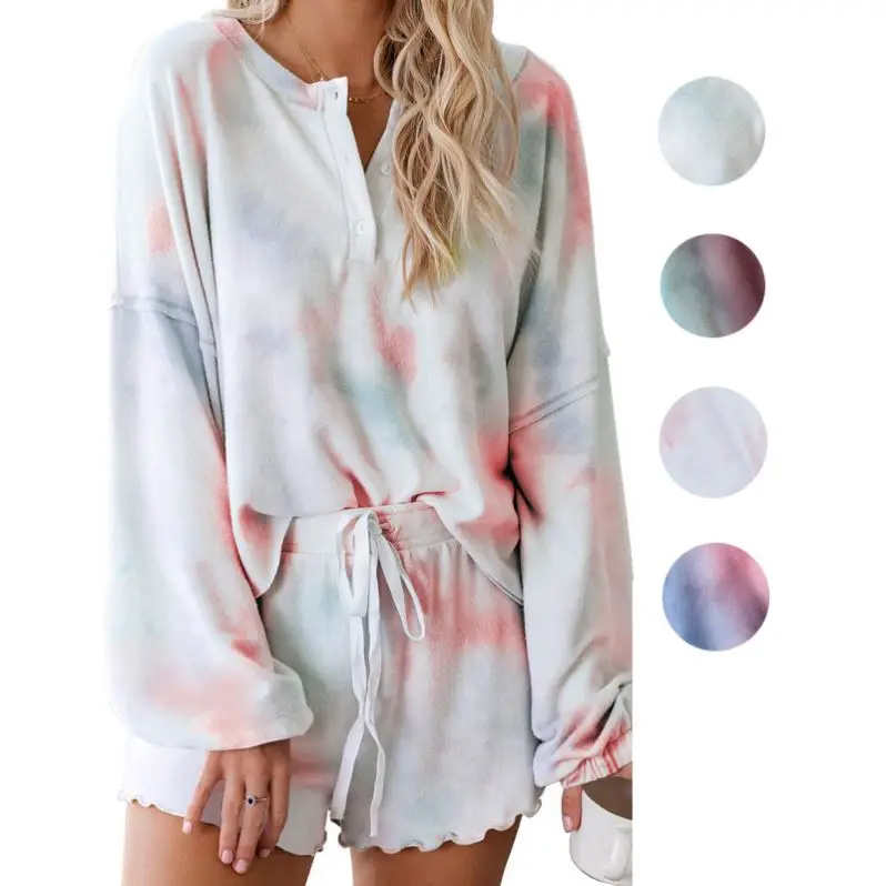 

Fashion New Comfortable Casual Multi Color Tie Dye Knit Pyjamas Women Sleepwear
