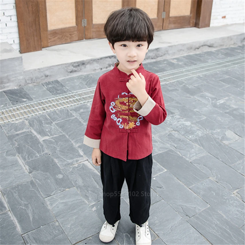 Китайский топ Детский костюм Тан винтажная одежда с вышивкой дракона для девочек