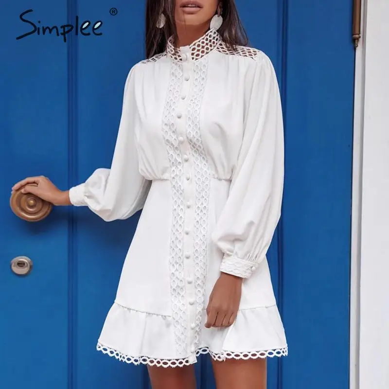 Simplee уличная одежда женское белое платье с длинным рукавом рюшами ажурное Весна