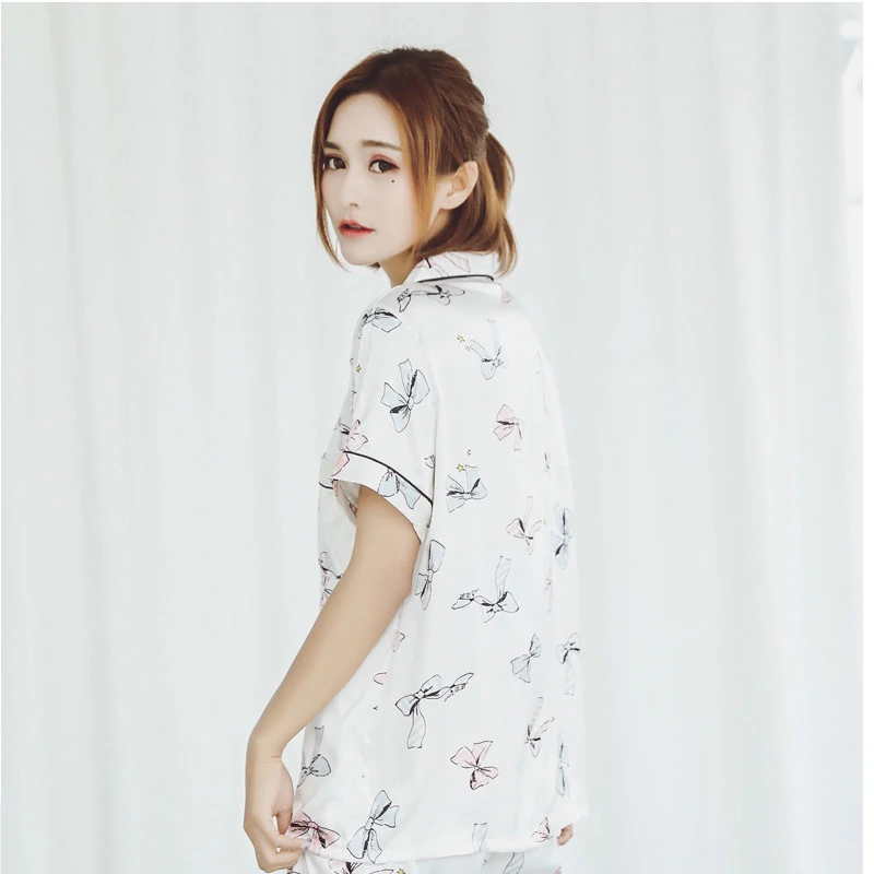 

Trousers Suit Women Casual Faux Silk Soft Lapel Floral Printed Pajamas Set Ladies Viscose Soft Pijamas Female Comfort Sleepwear