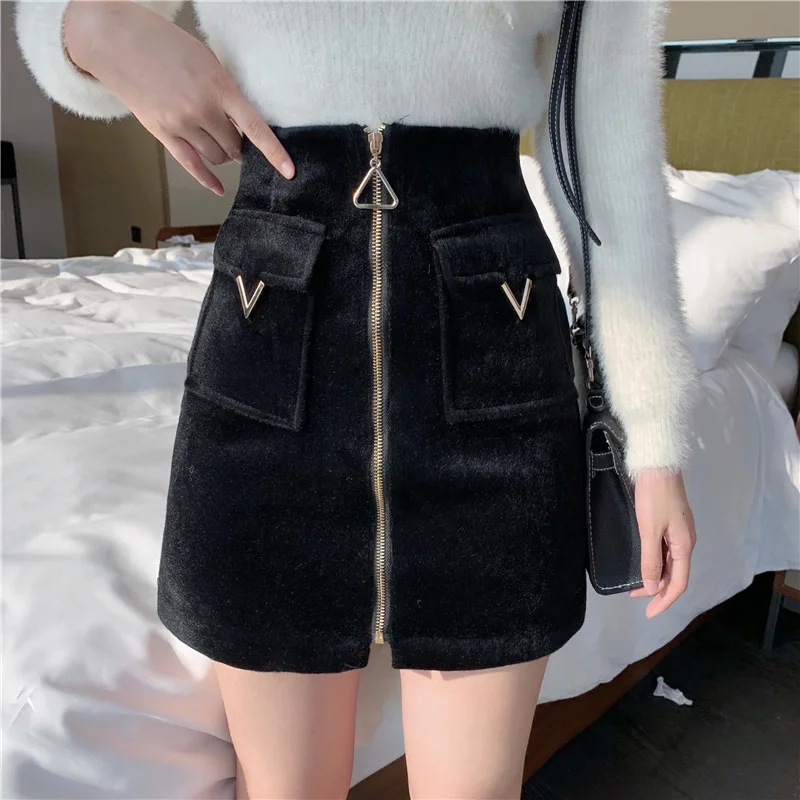 

Women'S Woolen Skirt Autumn And Winter A-Line Short Skirt High Waist Zipper Bag Hip Style