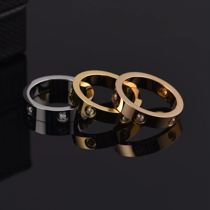Trendy Stainless Steel Slimming Rose Gold Color Love Ring for Women Men Couple Crystal Rings Luxury Brand Jewelry Wedding Gift | Красота и