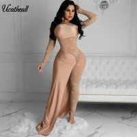 sexy bandage bodycon jumosuit new summer long sleeve mesh high split party jumpsuit long sleeve bag hips diamonds female rompers