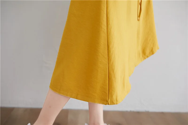

#0341 Summer Spliced False Two Piece Midi Dress Women Buttons Cotton Casual A-line Dress Short Sleeved Loose Drawstring Waist