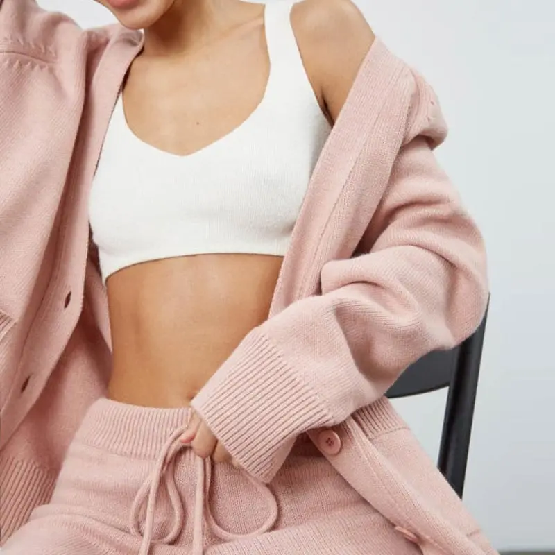

Women Solid Kintted Two Piece Sets V-Neck Single Breasted Casual Cardigan Drawstring Trousers Suit Female Pants Suit 2021 Autumn