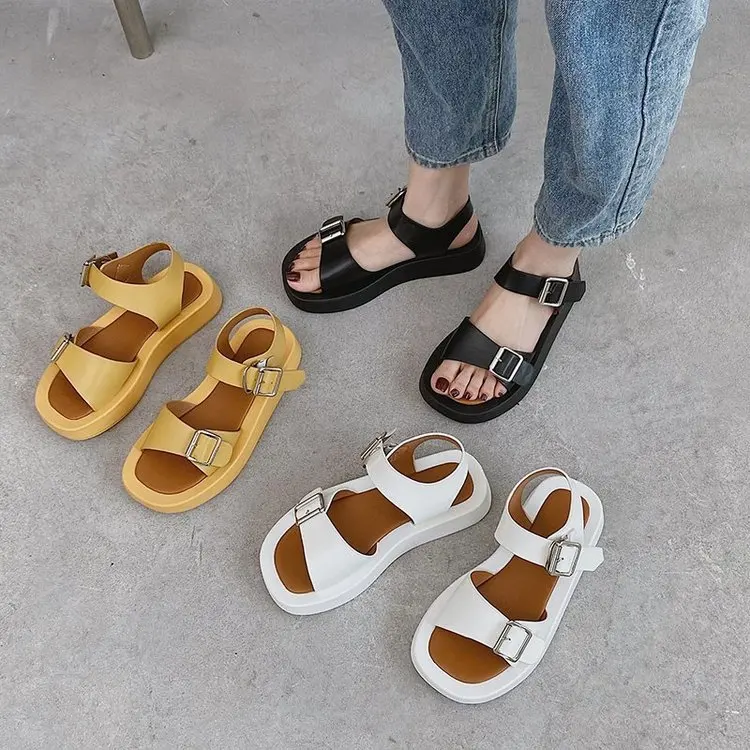 

Women's Sandals 2021 PlatformLeatherSlippersShoes Buckle Soft Comfortable Flat Bottom Elegant Party Sandals Chaussure Femme