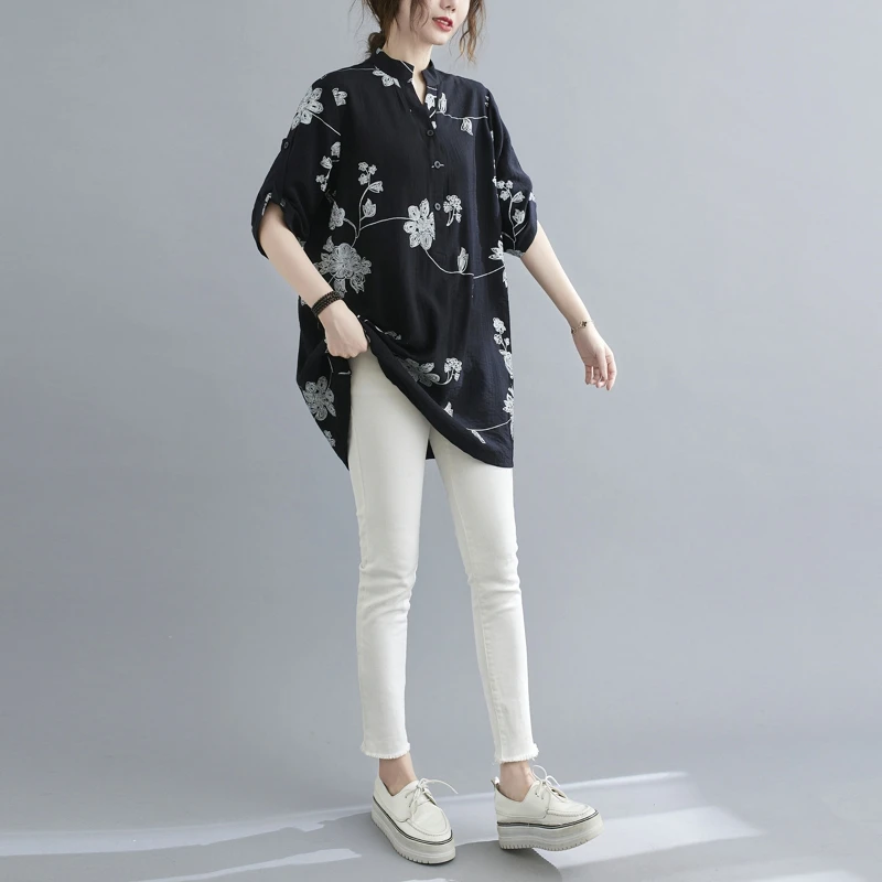

BIG SIZE Summer Women Fashion Elegant Print V Neck Tops Female Ladies Plus Large Short Sleeve Cotton Linen Loose Blouse Shirt