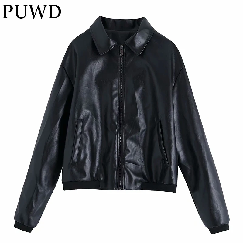 

PUWD Slim Women Faux Leather Jacket 2021 Autumn/Winter Casual Personality Pure Color Classic Lapel Street Retro Female Outwear