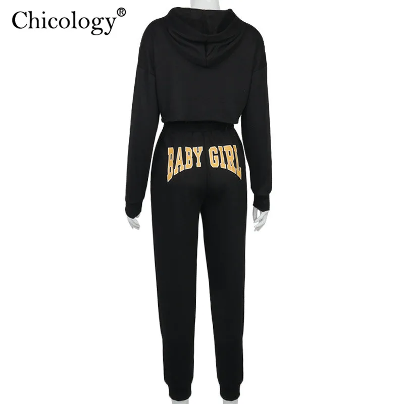 

Chicology Print Hoodie Tracksuit Two Piece Set Crop Top Jogger Pants 2 Pc Matching Sweat Suits 2020 Winter Fall Clothes Outfits