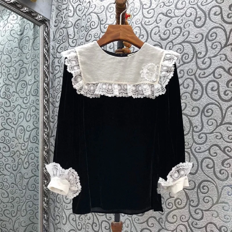 

Top Quality New 2020 Autumn Winter Blouses Women White Lace Patchwork Long Sleeve Pink Black Velvet Tops Silk Blusas Feminino