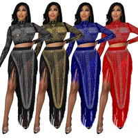 sexy hot drilling see through split fork skirt set women long sleeve short toptassel maxi skirt suits party clubwear outfits