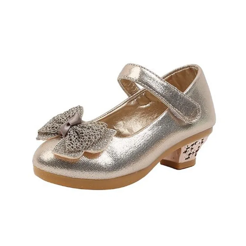 

Girls High-heeled Leather Shoes 2021 Bow Show Crystal Single Shoes Dress Catwalk Princess Children Wedding Shoe