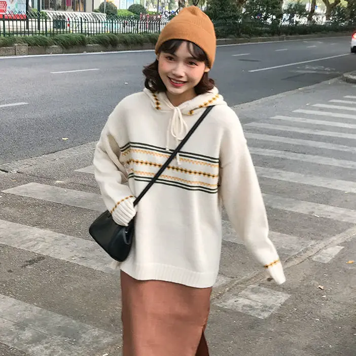 

Jacquard thickened Hooded Sweater female student autumn winter loose new long sleeve knitted sweater coat
