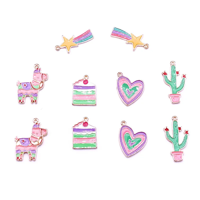10 шт./лот мультфильм лламы торт сердце кактус эмаль шарм золото металл подвеска