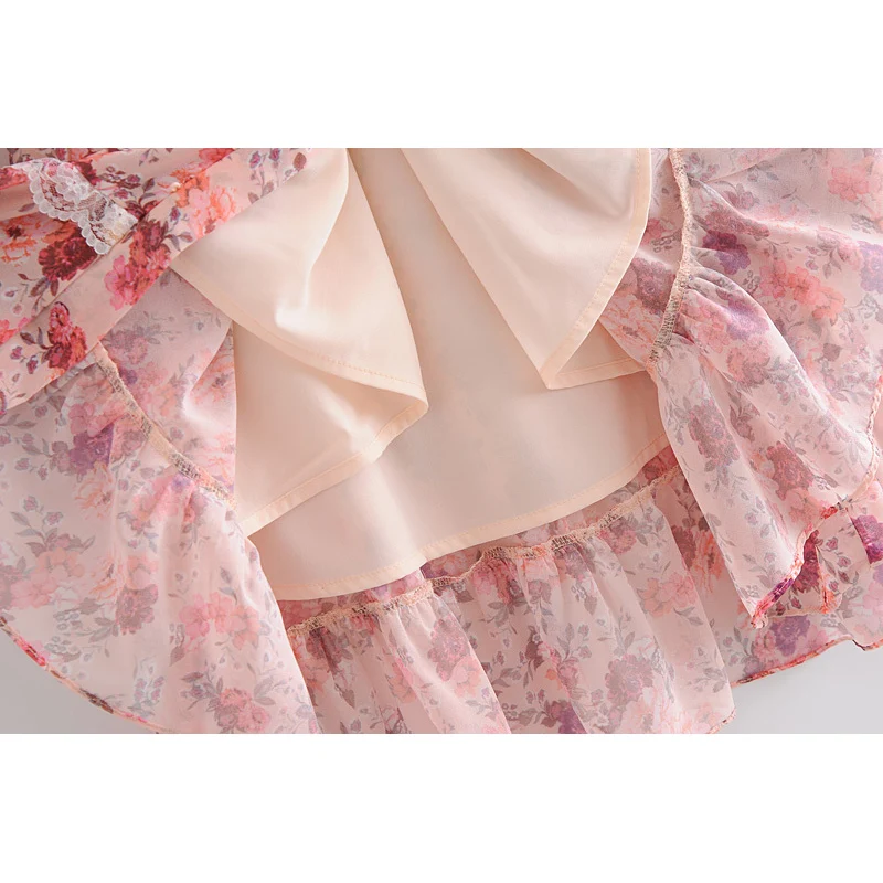 

Stylish Sweet Floral Printed Lace Decoration Loose Mini Dress Women Sexy Fashion V-Neck Ruched Sleeve Dresses Chic Vestidos