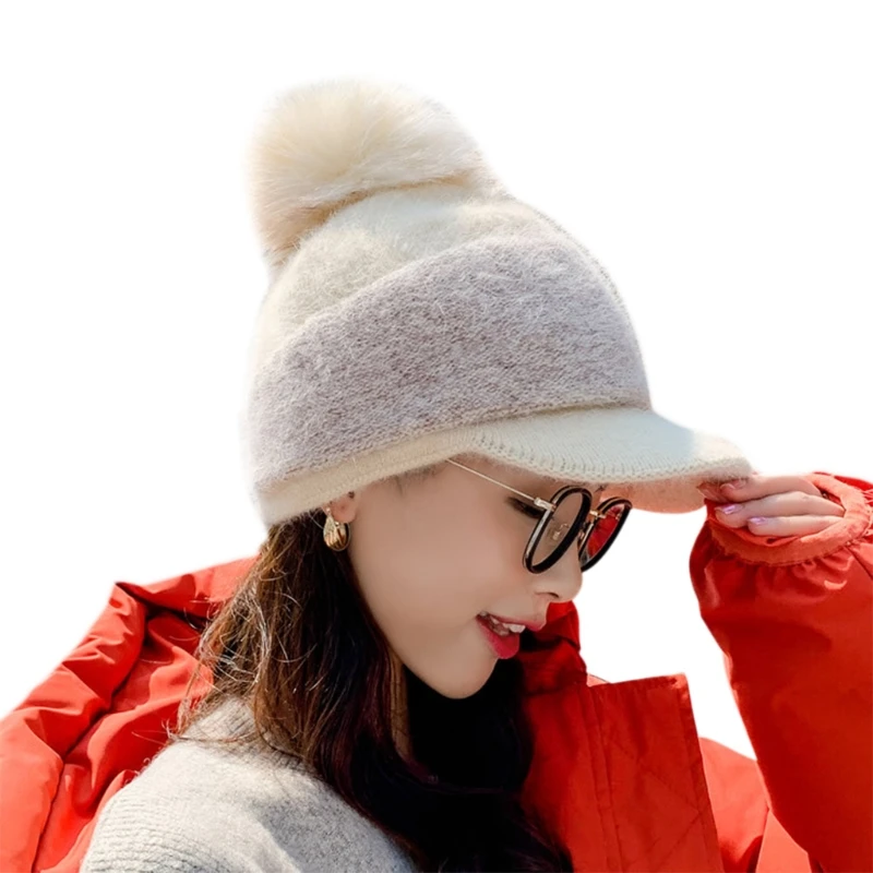 Women Winter Thick Warm Fuzzy Knit Beanie Cap with Visor Bill Cute Pompom Cold Weather Windproof Skullies Baseball Cap