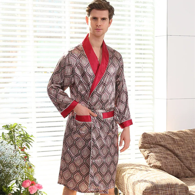 

Spring V-Neck Print Kimono Yukata Chinese Men Silk Rayon Robe Cardigan Casual Wedding Best Male Sleepwear Bathrobe Plus Size 5XL