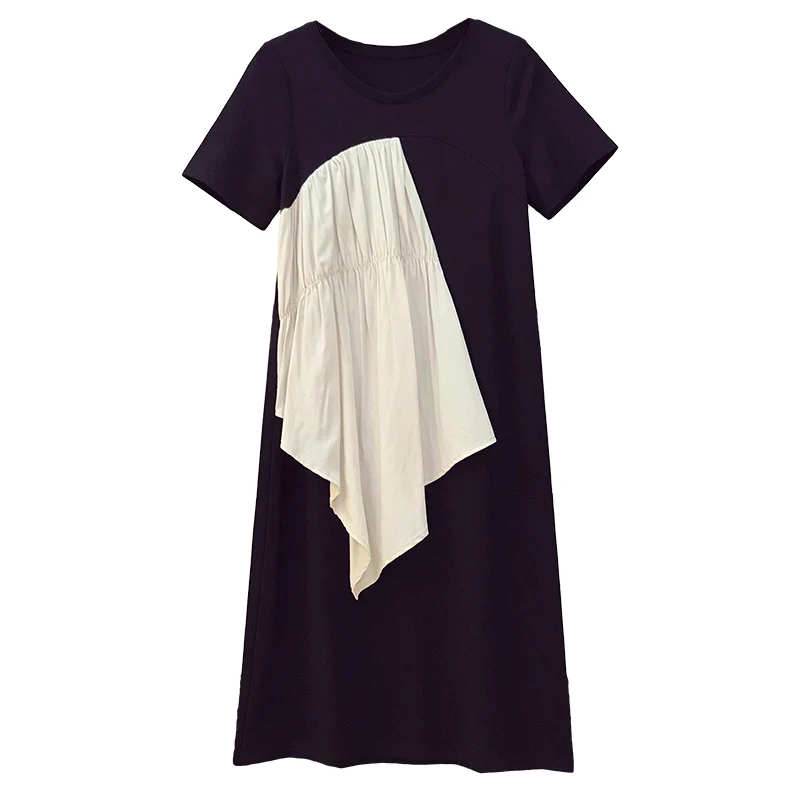 

Plus Size 2021 Summer Pullover Pleated Patchwork Dress For Women Short Sleeves O-Neck Loose Waist Casual Female Dresses