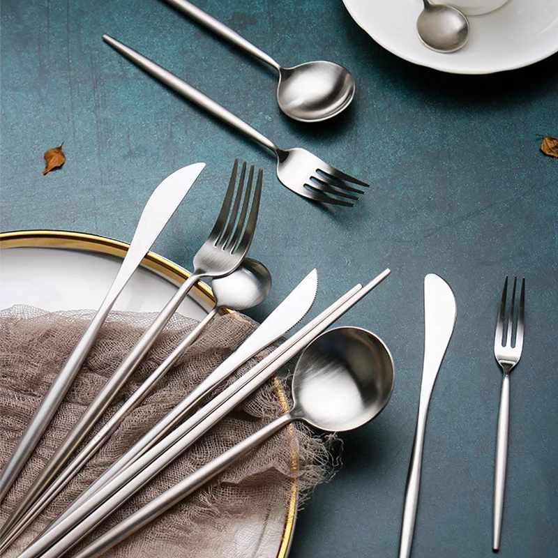 Solid Steak Fork Set Stainless Steel Nordic Flatware Knife Spoon Couverts De Table Inox Simple Western Tableware EE6DC | Дом и сад