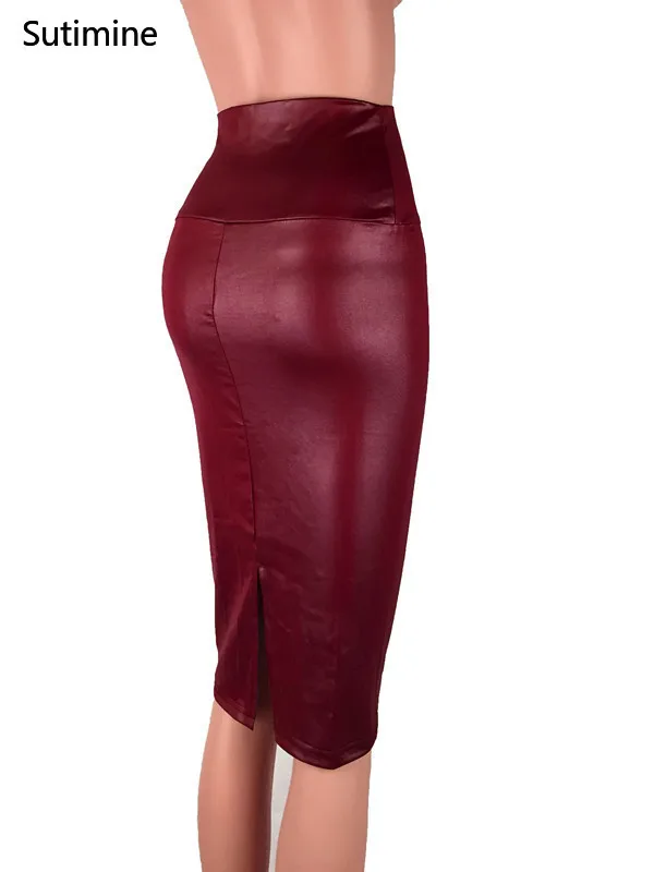 

Women Skirt Sexy Split Black Bodycon Clubwear High-Waisted Skirt Vintage Long Pencil Faux Leather Skirts Office Lady Bottom