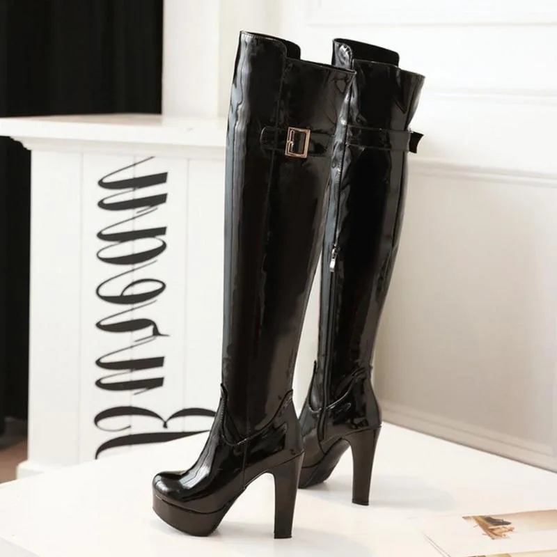 ZALAVOR/женские теплые сапоги до бедра зимняя женская обувь из лакированной кожи на меху пикантные сапоги на платформе с высоким каблуком и пряжкой Размеры 33-43