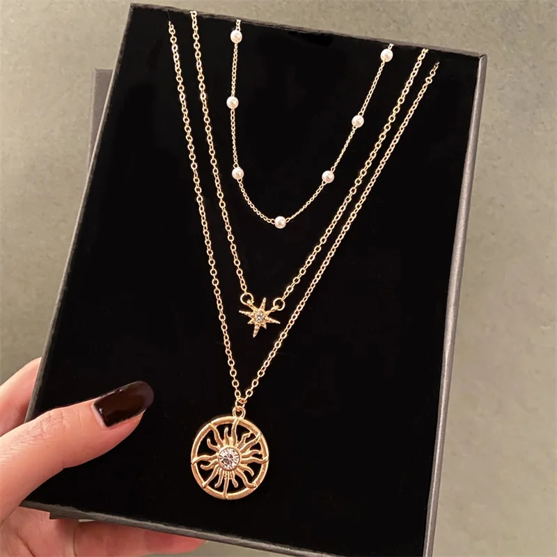 Ожерелье в стиле бохо многослойное с подвеской искусственным жемчугом и