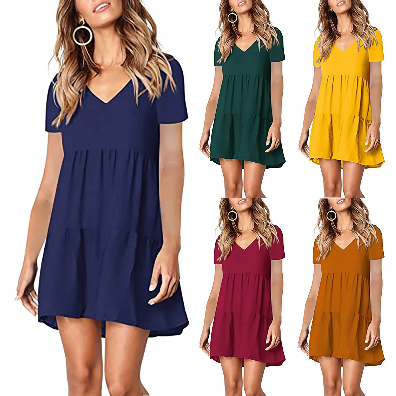 

Платье женское однотонное с V-образным вырезом, Модный повседневный свободный сарафан с коротким рукавом, лето 2021