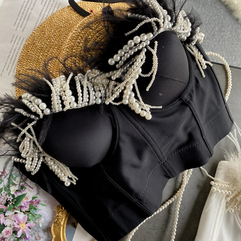 Sexy and Club Style Pearl Tassels and Fur Decorated Spaghetti Strap Top Women Short Design Bra Top TN1750