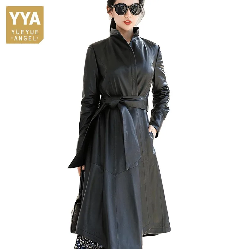 Зимняя шикарная женская куртка из натуральной кожи с воротником стойкой и поясом