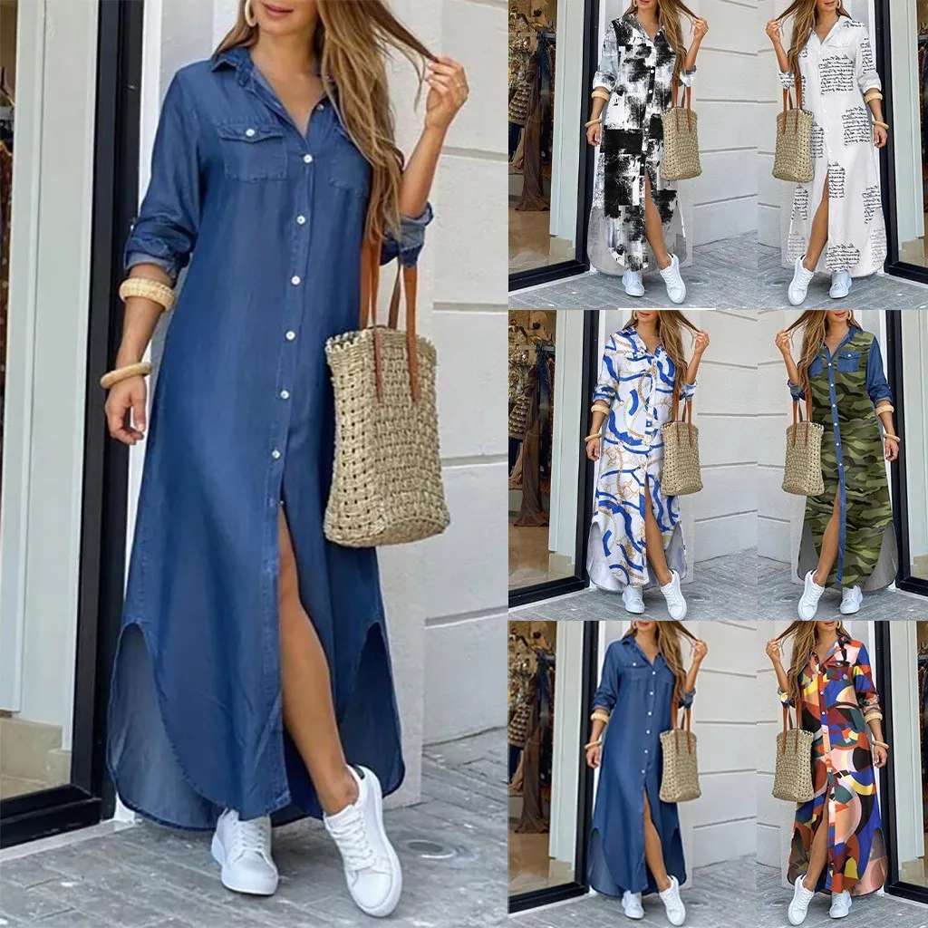 

Autumn Long Dress Long Sleeve Shirt Dress Women Denim Long Dresses Pocket Button Shirt Print Dress Casual Loose Dresses 2022