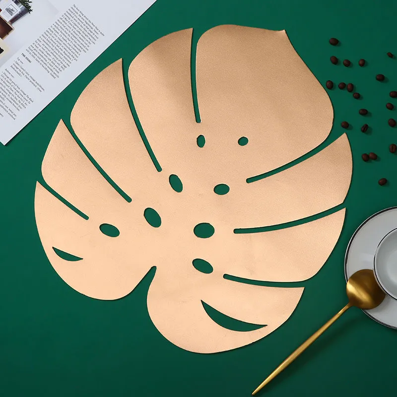 Large PVC Placemat Monstera Shaped Gold Stamping Table Mats Kitchen Leaf Shape Unique Coaster Place Mat
