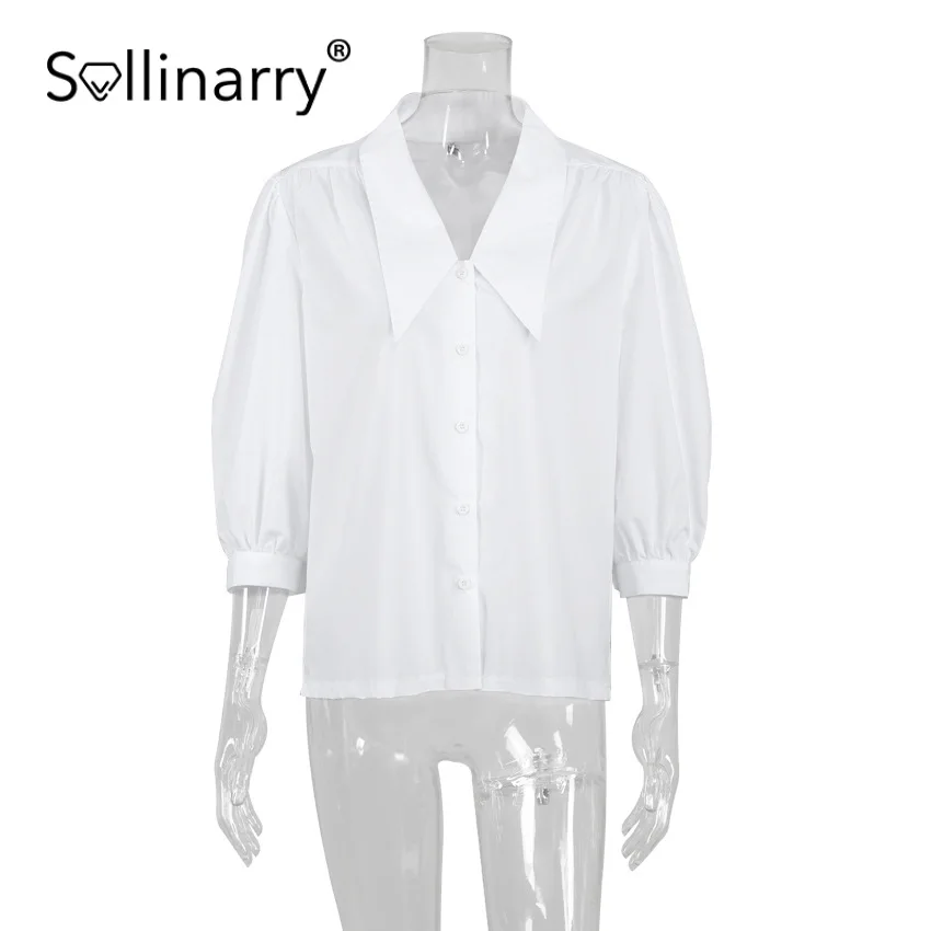 

Sollinarry Cotton doll collar solid women blouse Chic office Spring puff sleeve tops High street casual shirt 2021