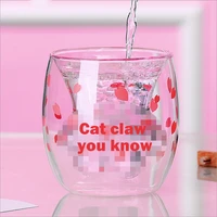 cat claw cup cute paw glass mug cup coffee milk double layer cherry blossom drinkware household floral water cup creative gift
