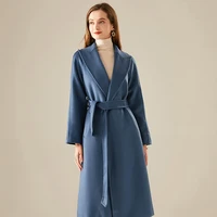 shzq slim simple lace up winter new medium and long wool cloth blue wavy cashmere coat womens coat