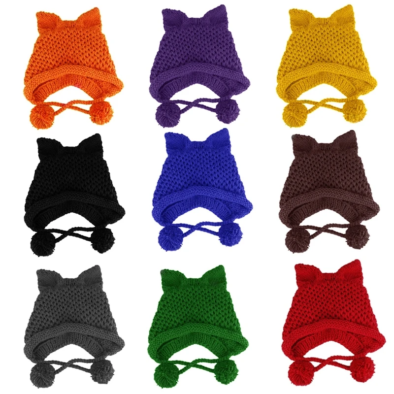 

Women Winter Chunky Knit Beanie Hat Cute 3D Cat Ears Solid Color Windproof Warm Earflap Cap with Pompom Chin Strap