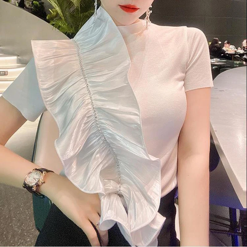 

Summer Fashion Ruffled Pleated Stitching Diamond T Shirt Women Tops Base O-Neck White Black Tees Solid Color Short Sleeve TShirt