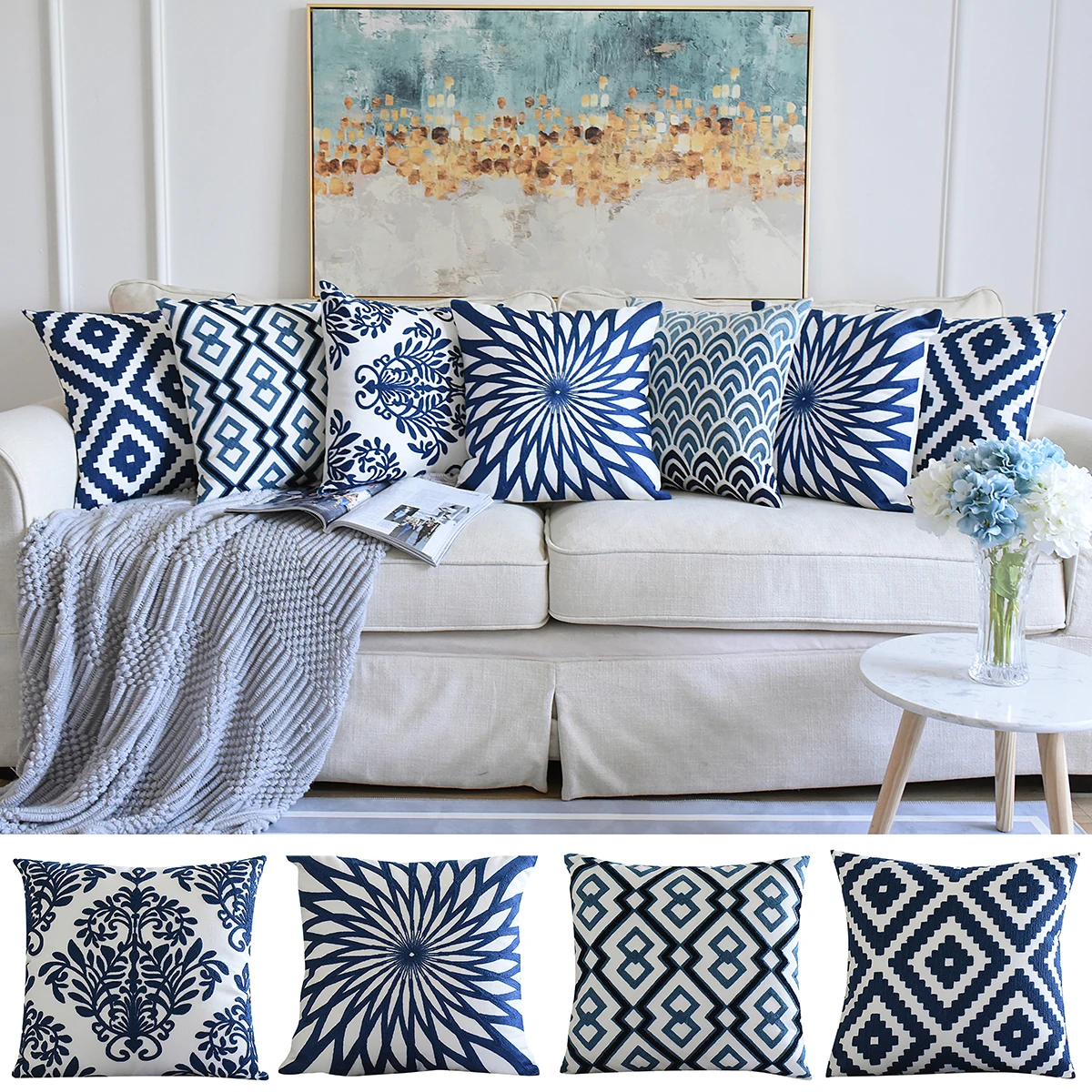 

Vintage Cushion Cover Home Embroidered Sofa Waist Pad Lover Square Pillow Case Blue Cushion Cover Decorative Pillowcases