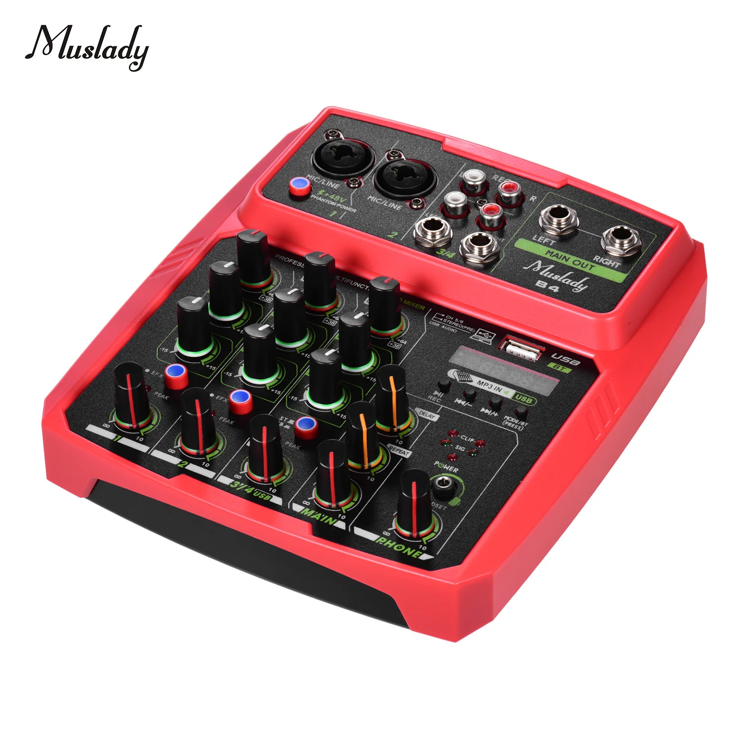 

Микшерная консоль поддерживает подключение BT со звуковой картой Muslady B4 портативный 4-канальный аудио микшер USB Встроенный 48 В микшер аудио