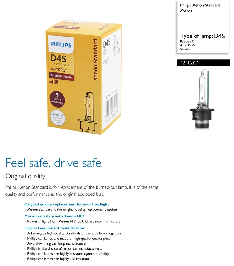 Philips D4S HID 42402 35W Ксеноновые стандартные лампы 4200K яркий белый светильник, авто Оригинальная лампа, ECE, одобрено в Германии, 1X