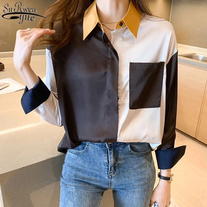 

Early Spring New Satin Shirt Women Fashion Long Sleeve Slim Splicing Silk Shirt and Blouse Female Overalls for Women 13096