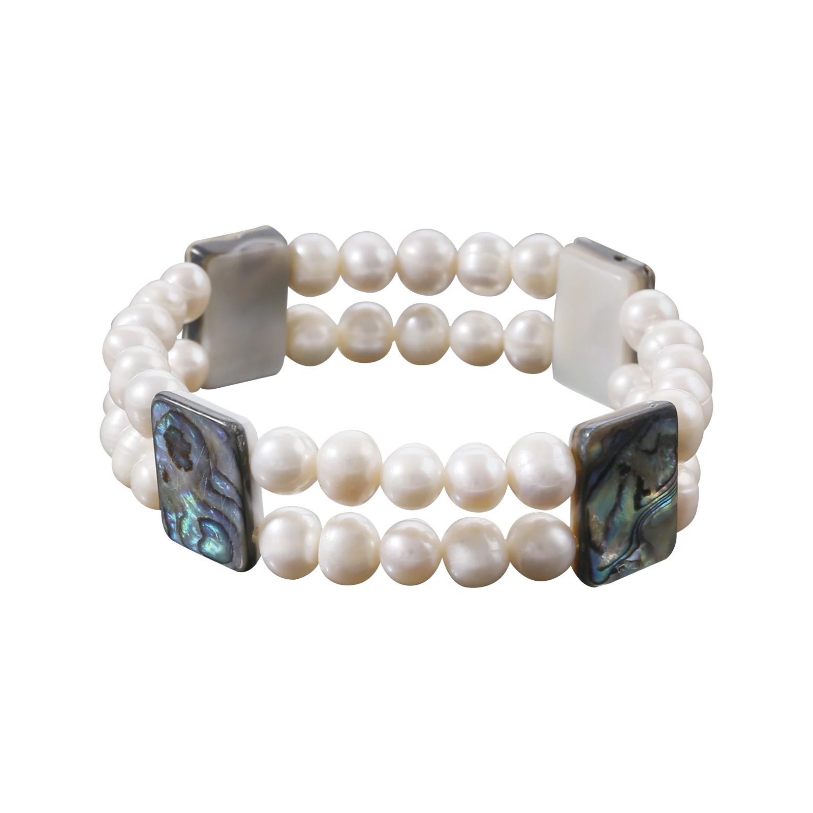 

Genuine Freshwater Pearl Stretch Bracelet With Square Shape Abalone Beads Fashion Two Row Pearl Jewelry Gift For Women And Men