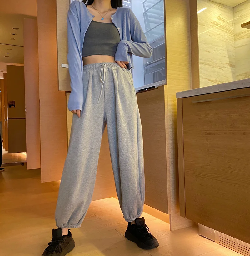 Женские леггинсы с завышенной талией серые спортивные брюки широкими штанинами