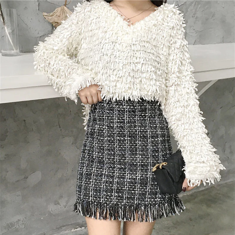 

2021 women in short wool skirt vintage autumn in a straight line Free chess skater skirt high female waist