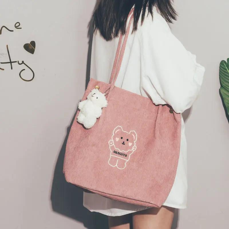 Ins Cute Bear One-shoulder Canvas Bag Korean College Style Female Student Wild Corduroy Shopping Tote Bag Female Storage Bags