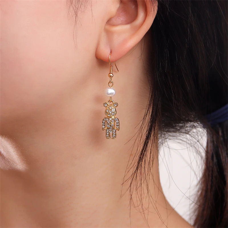 

Cute Sweet Shiny Rhinestone Cartoon Bear Pendant Earrings Exquisite Pearl Ladies earrings Ladies Girls Party Jewelry Best Gift