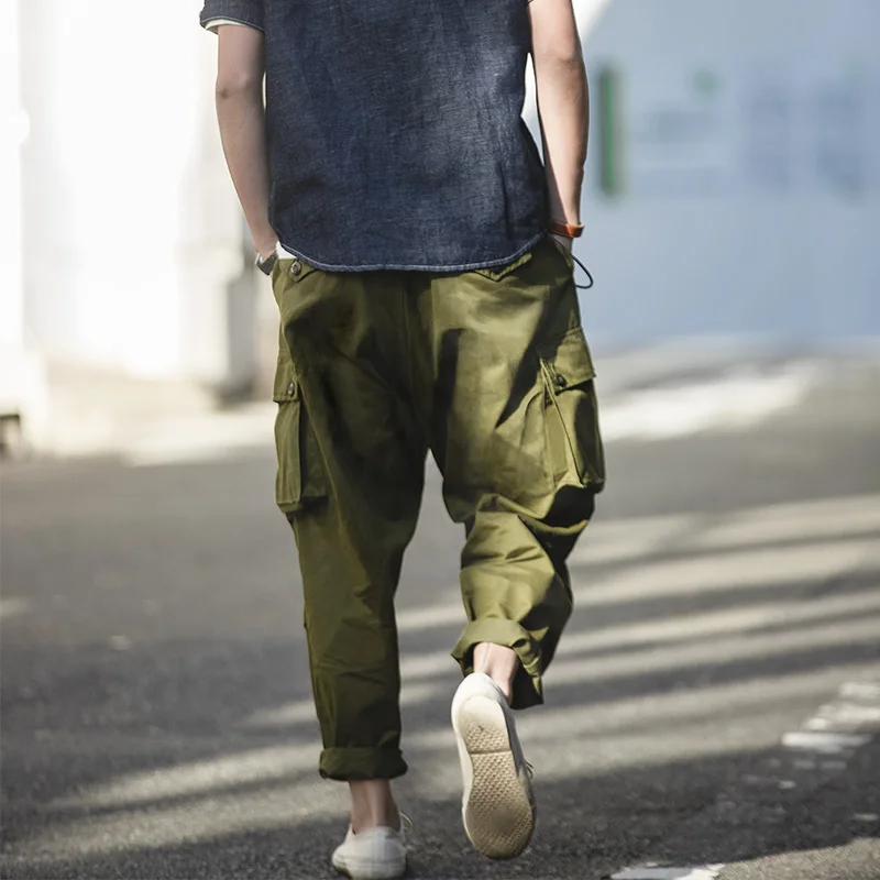 MADEN men's loose overalls multi pocket green casual pants cotton harem men|Джоггеры| |